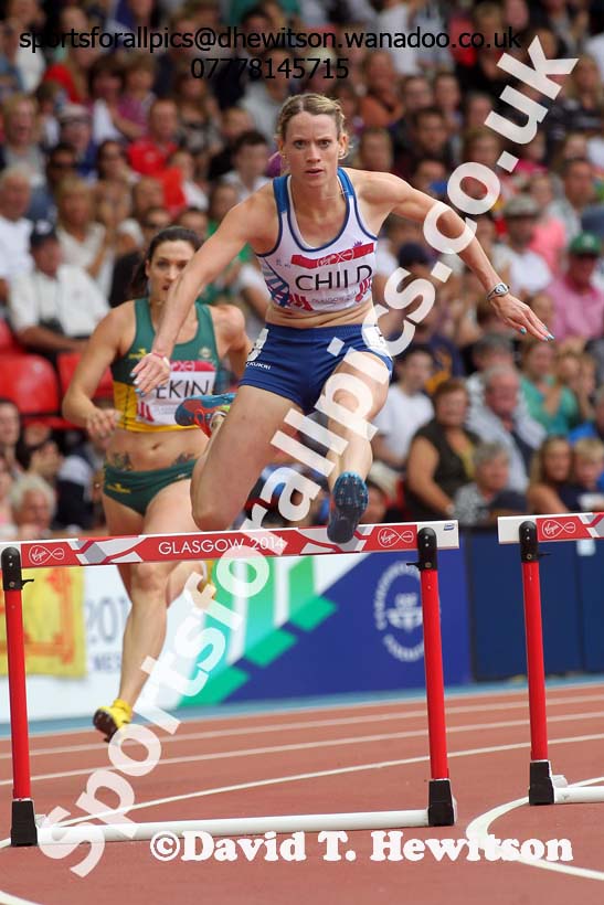 Eilidh Child (Scotland) in the heats of the 400 metres hurdles at the Commonwealth Games, Glasgow. Photo: David T. Hewitson/Sports for All Pics